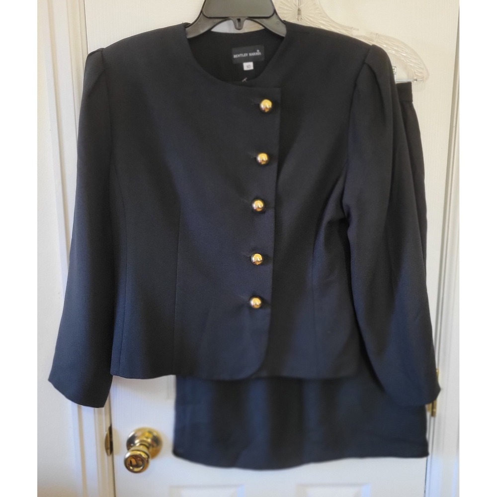Vintage Bentley Harris Skirt Suit Size 10 Black Gold Buttons Asymmetric Business